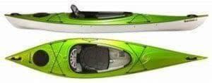 Top and side views of a green kayak.