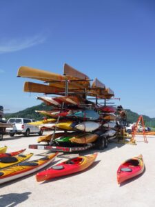 a mega kayak trailer holding about 50 kayaks