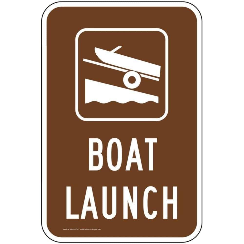 typical boat launch sign - a rectangle with an icon of a boat on a trailer at an angled ramp with water below it. the words "boat launch" at the bottom of the sign