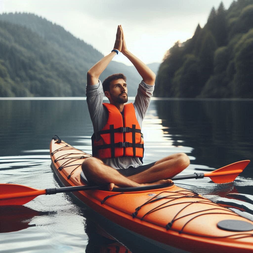 yoga Man meditating in a kayak on calm lake surrounded by mountains.