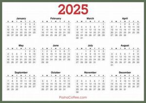 A 2025 year calendar displaying all months.