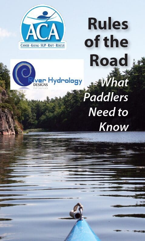 A calm river scene with text about paddling on the water.