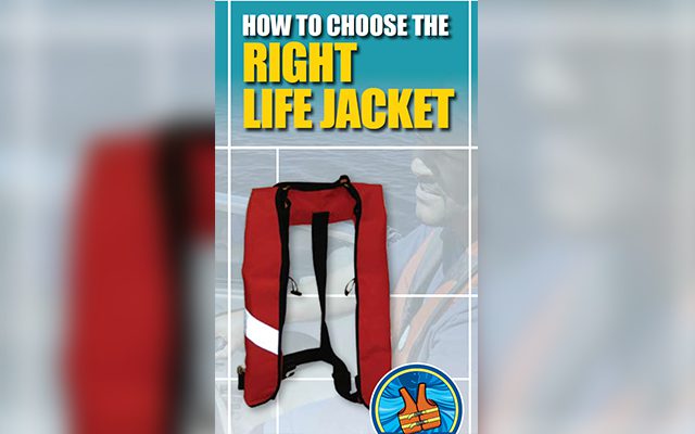 A red life jacket displayed with a guide on choosing the right one.