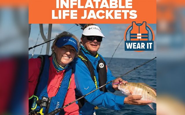 Two people wearing inflatable life jackets on a boat.