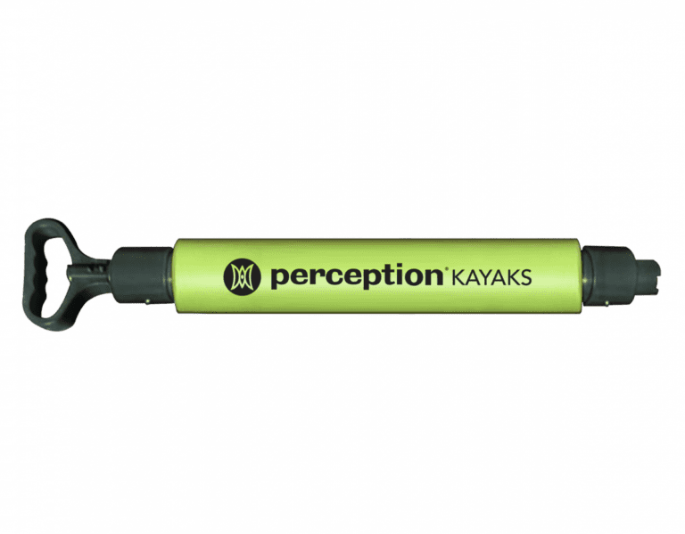 A green kayak pump with Perception Kayaks logo.