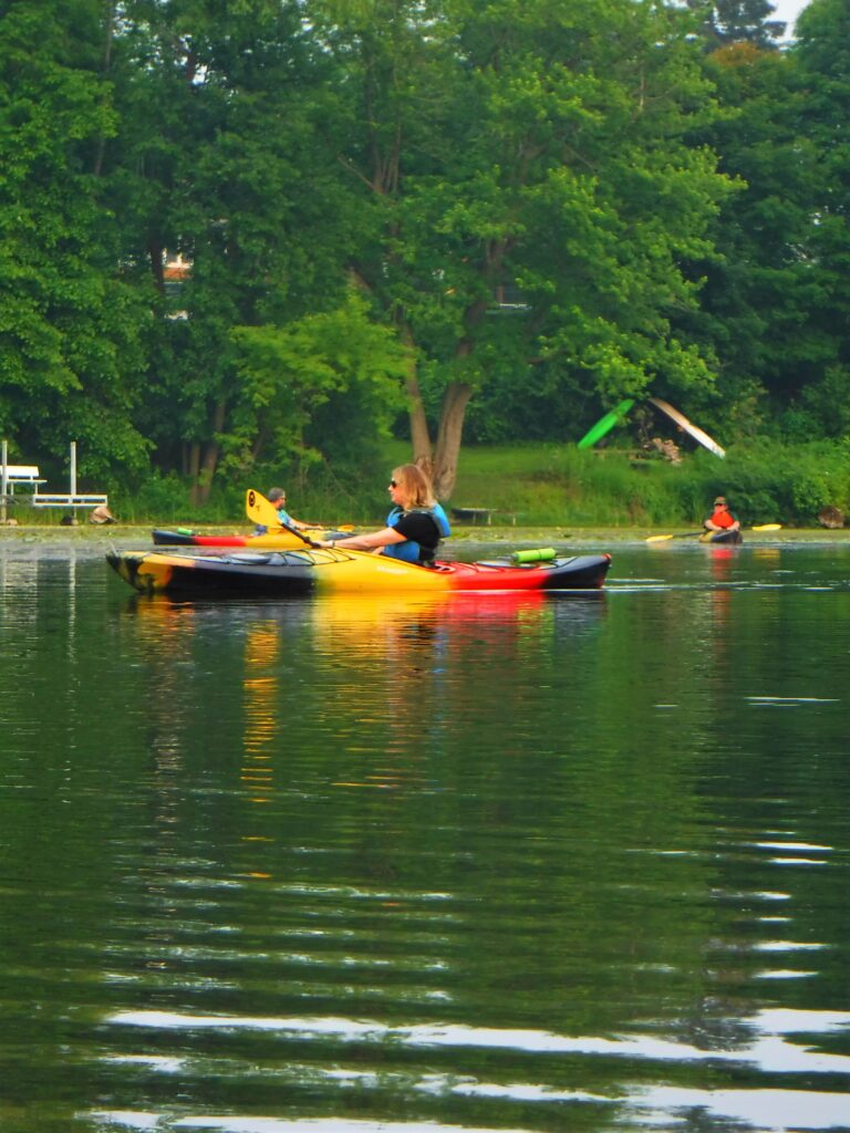 DSCF4241-768x1024 People kayaking on a calm lake surrounded by trees.