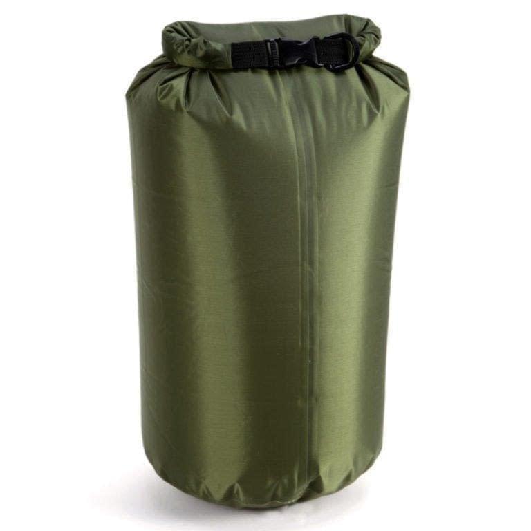 Green waterproof dry bag with black roll-top closure.
