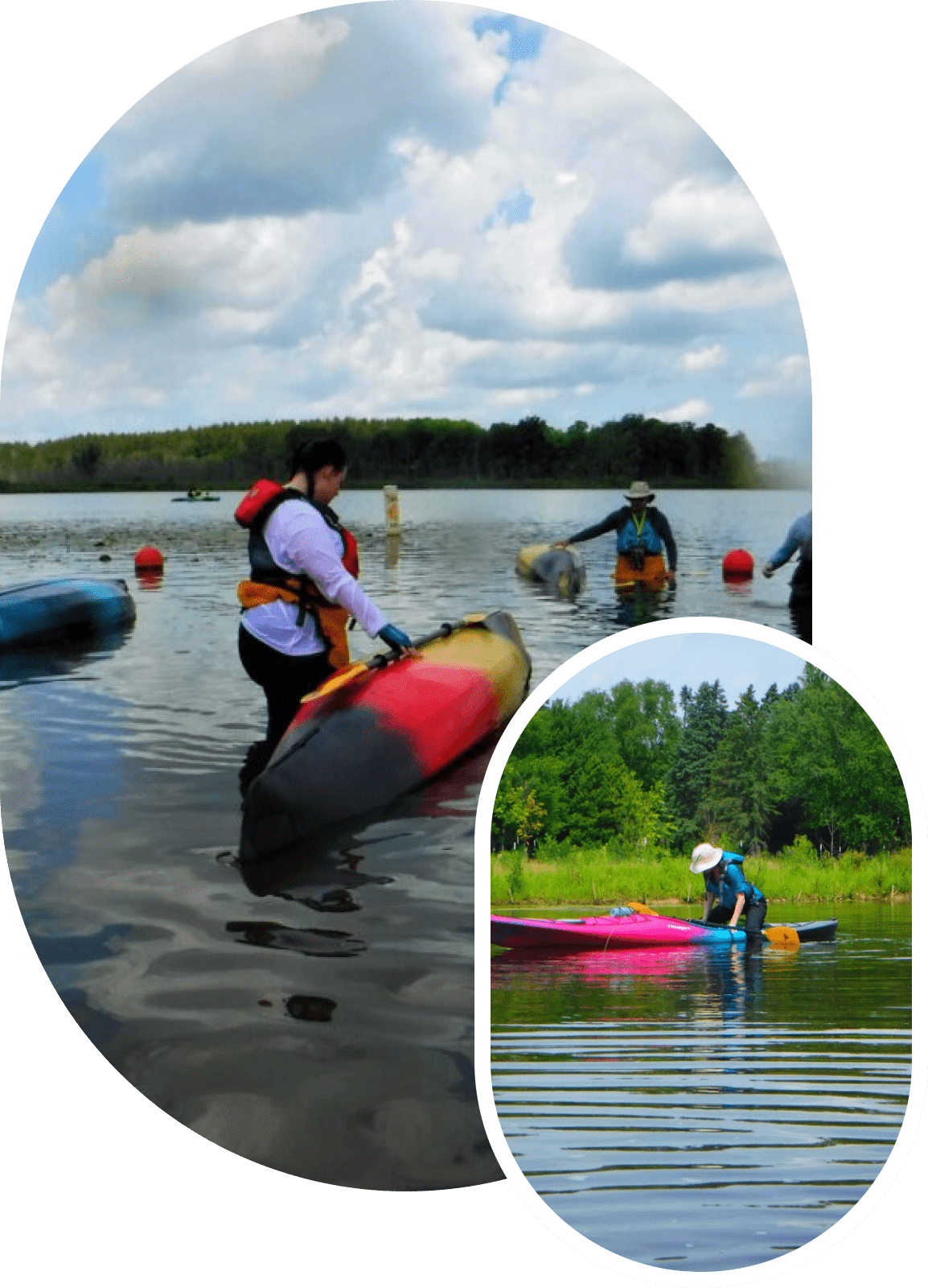element1 (2) People kayaking on a calm lake with green trees in the background.