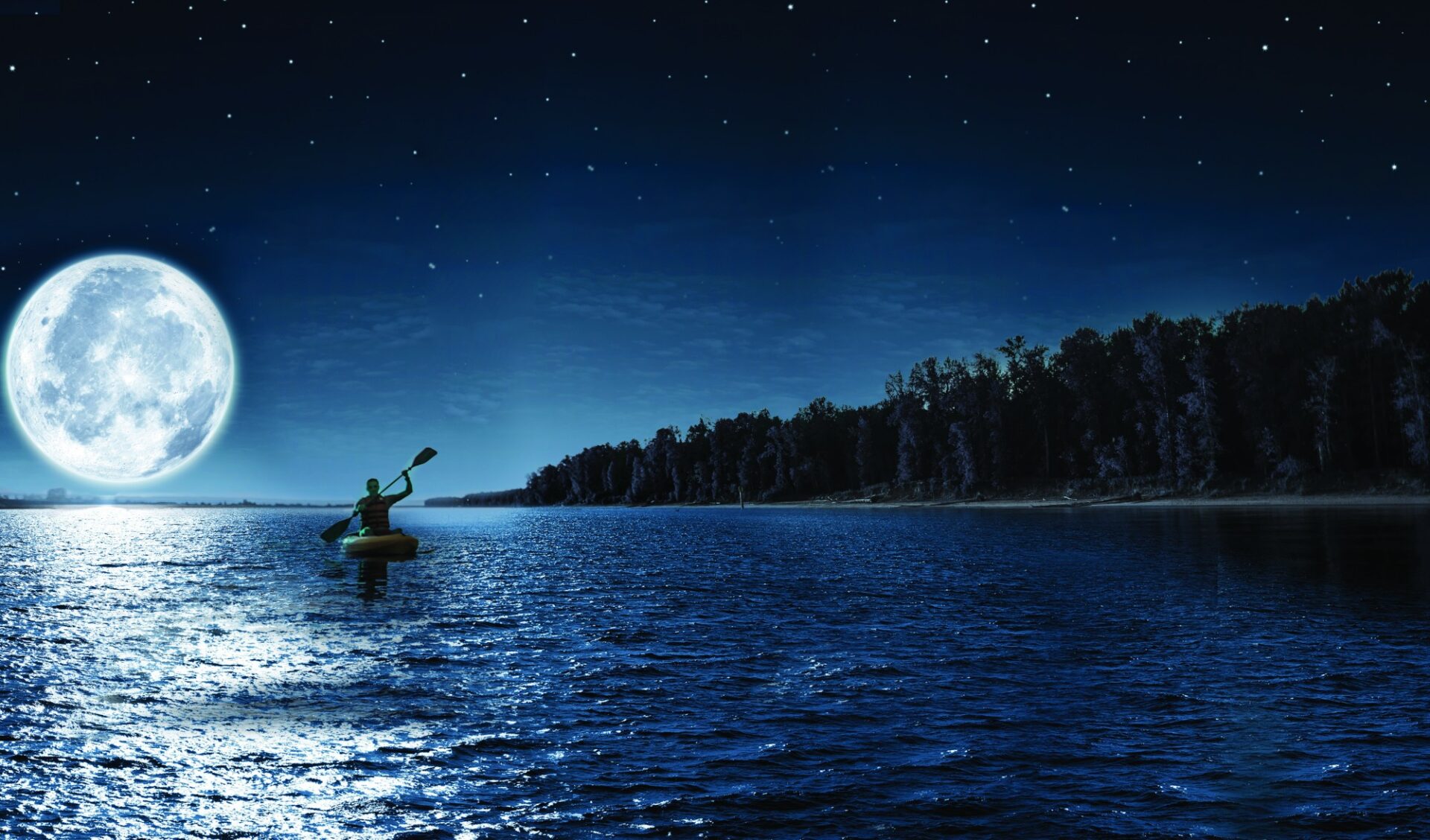 moonlight_kayaking A person kayaking on a moonlit lake at night.
