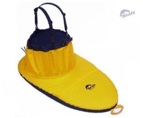 seals_adventurer_spray_skirt A yellow and black dog life jacket with a handle and leash attachment.