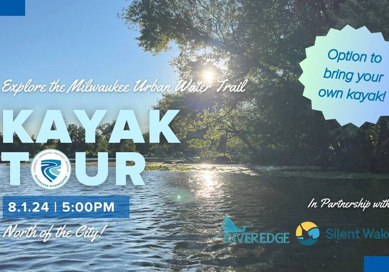 448771815_869837751849942_3543310223909673896_n Sunlit river scene with promotional text for a kayak tour event.