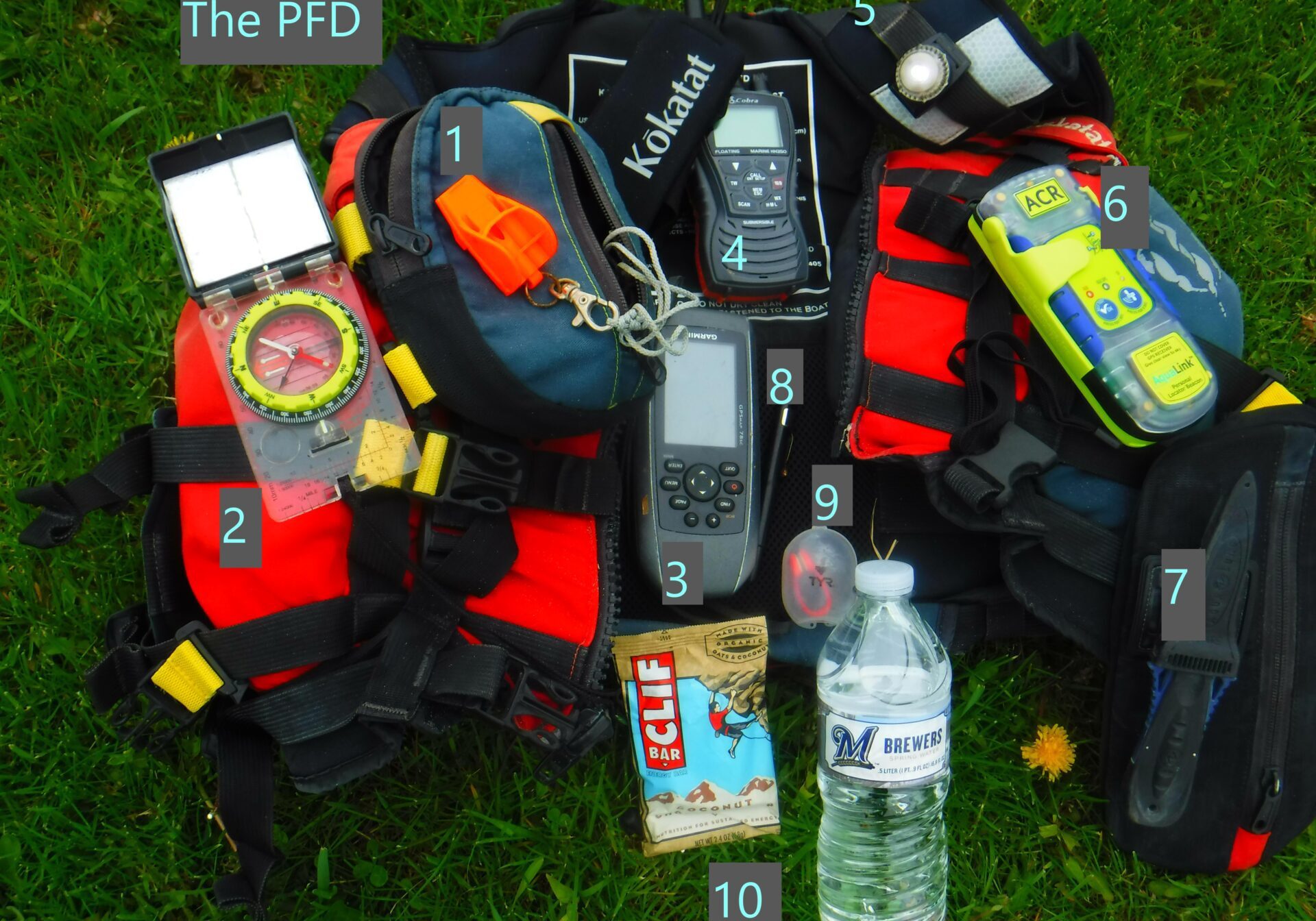 safety items used for kayaking are pictured here.