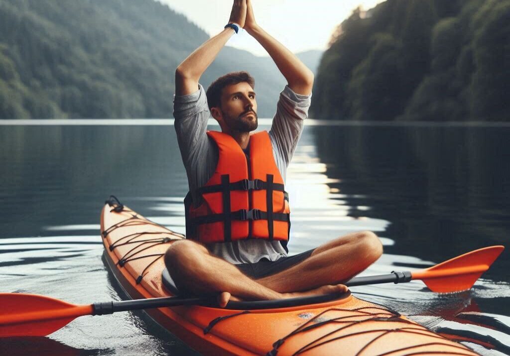yoga Man meditating in a kayak on calm lake surrounded by mountains.