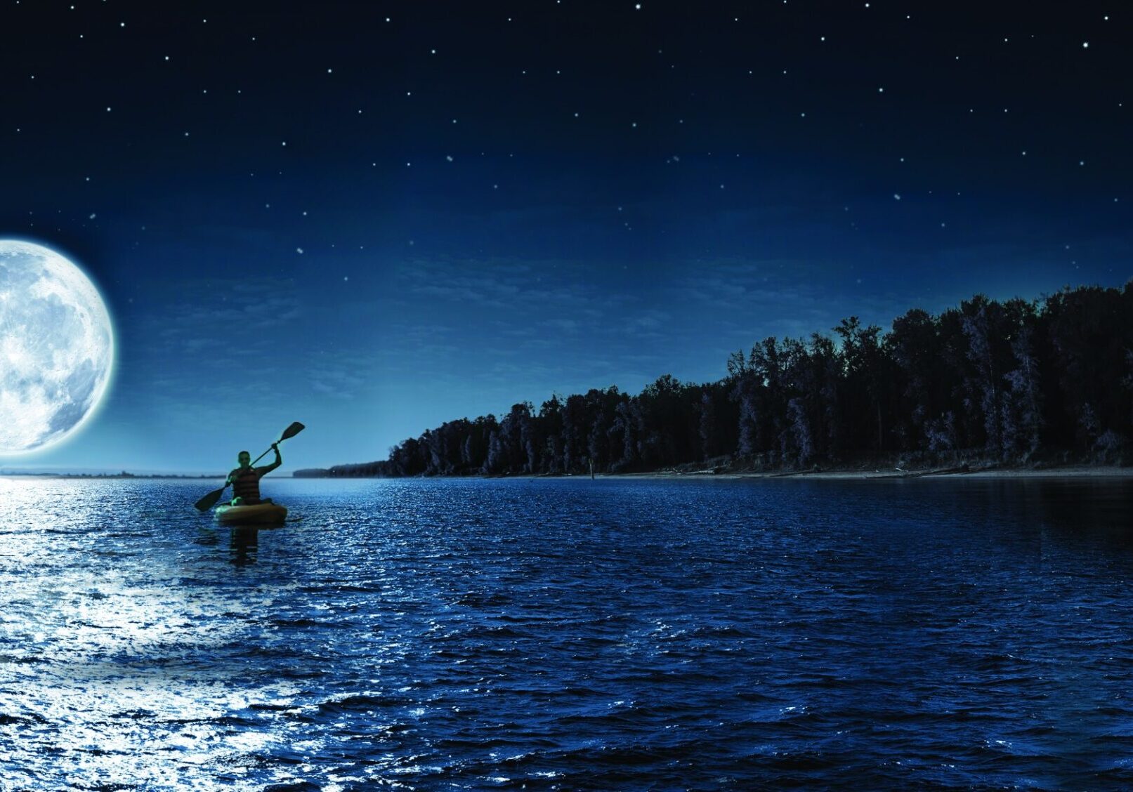 moonlight_kayaking A person kayaking on a calm lake under a starry night sky.